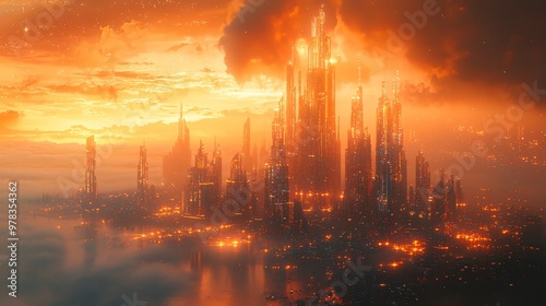 Futuristic Cityscape at Sunset with Skyscrapers and Fog