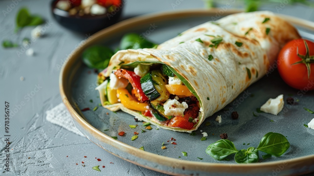 Close-Up of Grilled Vegetable Wrap with Feta Cheese on Plate Against Grey Background Close-Up of Grilled Vegetable Wrap with Feta Cheese on Plate Against Grey Background