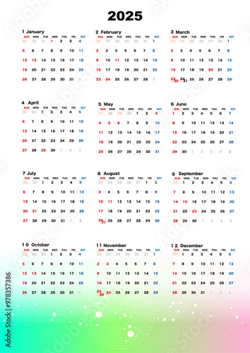 2025年のグラデーションのカレンダー