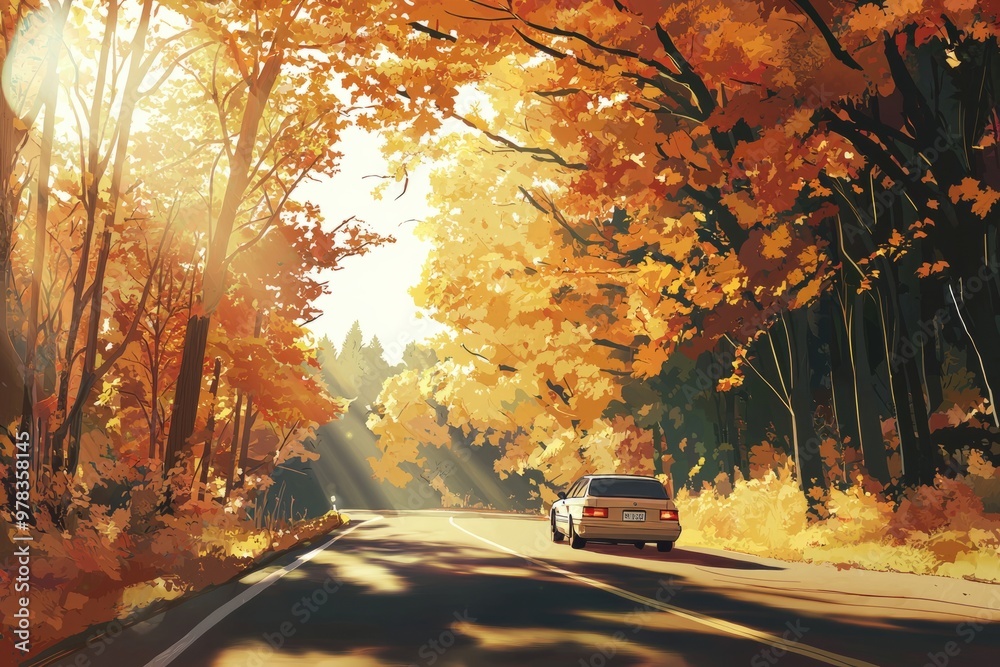 A Tranquil Road Trip With A Charming Car Driving Along A Scenic Route Through Autumn-Colored Forests, With Soft, Golden Light. Cozy Vibe, Generative AI A Tranquil Road Trip With A Charming Car Driving Along A Scenic Route Through Autumn-Colored Forests, With Soft, Golden Light. Cozy Vibe, Generative AI