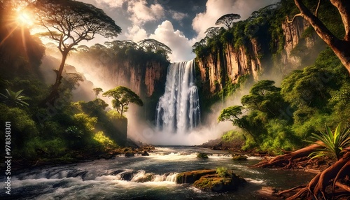 Kalandula Falls in Angola, with water plunging down a towering rock face surrounded by lush rainforest and vibrant greenery. photo