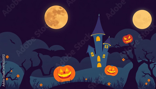 A Halloween scene with a castle and bats flying in the background