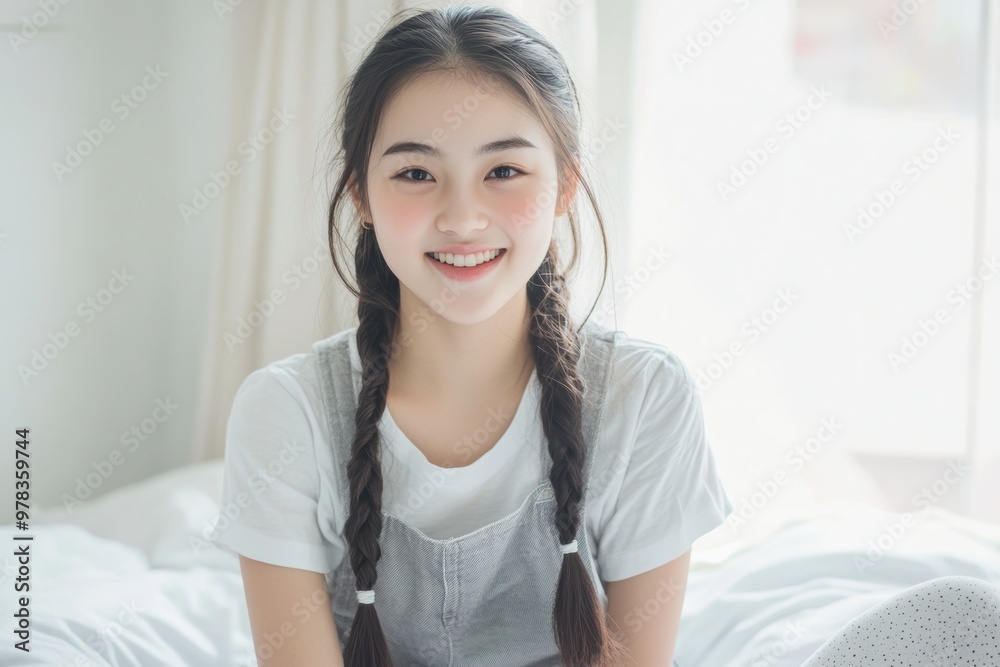 A joyful, braided Asian girl jumps energetically on a bed in a cozy room, reflecting the playful spirit that is perfect for promoting children’s products or family-oriented content. A joyful, braided Asian girl jumps energetically on a bed in a cozy room, reflecting the playful spirit that is perfect for promoting children’s products or family-oriented content.