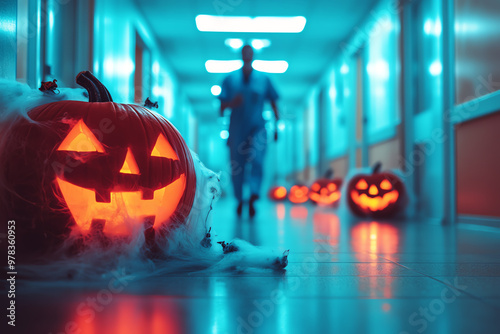 Spooky Halloween decorations with glowing jack-o'-lanterns in a hospital corridor, creating an eerie ambiance with a blurred figure in the background.