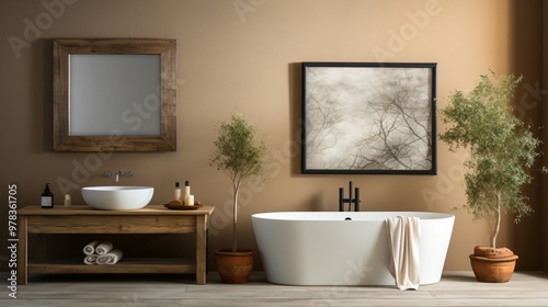 Modern Bathroom Interior Design with Wooden Vanity and Bathtub