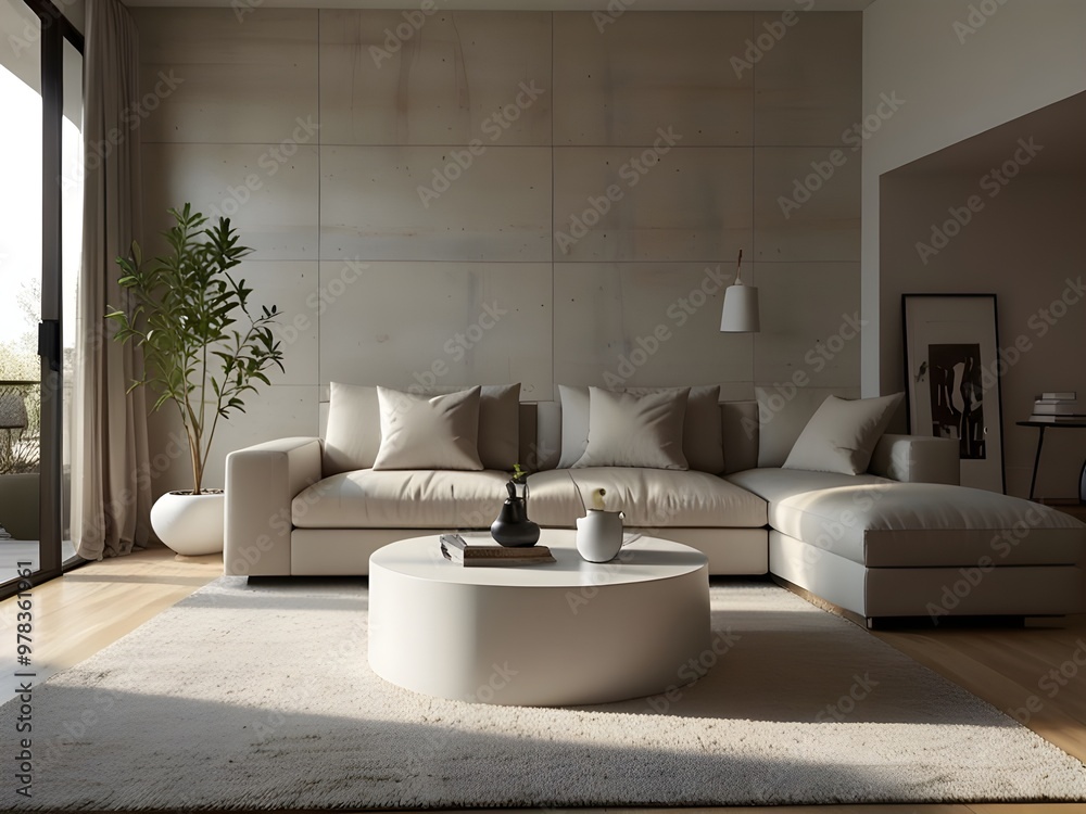 Fototapeta premium This image showcases a modern, minimalist living room with a clean and elegant design. The layout features a large, white sectional sofa adorned with matching white cushions