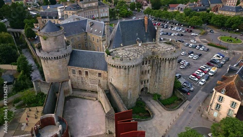 Castle of the Dukes of Alencon, Orne in Normandie, France. Aerial drone circling photo