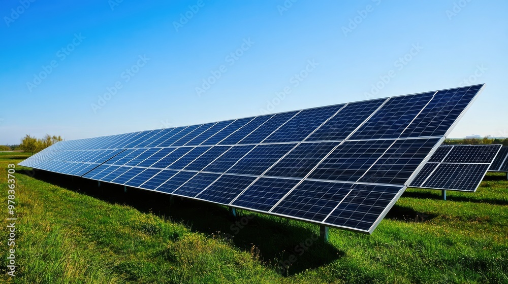 Solar panels lined up in a vast green field, soaking up the sun under a clear blue sky, representing renewable energy. Solar panels lined up in a vast green field, soaking up the sun under a clear blue sky, representing renewable energy.