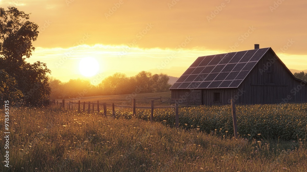 Solar panels on a farm, capturing sunlight to generate renewable electric power. Solar panels on a farm, capturing sunlight to generate renewable electric power.