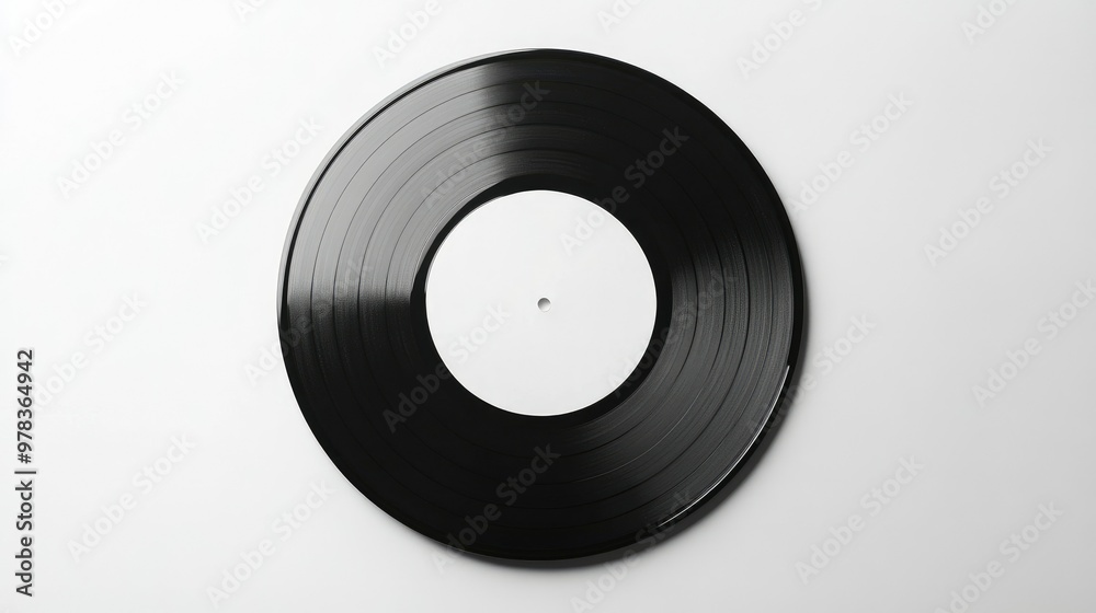Vinyl record disc with a blank white label, centered on a white background for a minimalist look. Vinyl record disc with a blank white label, centered on a white background for a minimalist look.