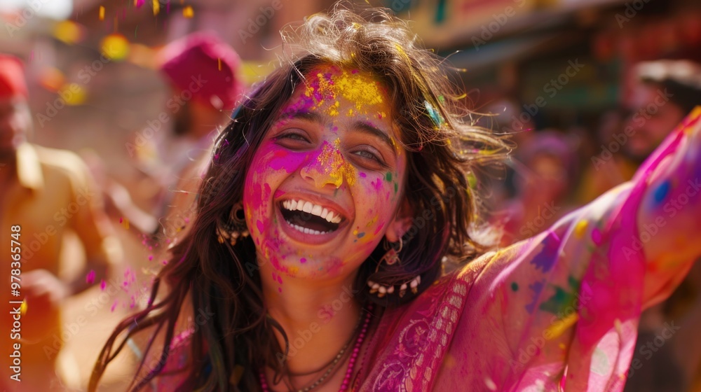 Joyful Holi celebration background with colorful bursts and lively faces. Joyful Holi celebration background with colorful bursts and lively faces.