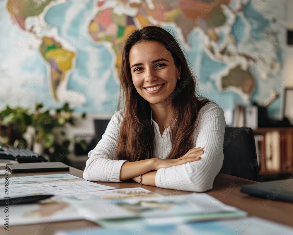 Professional woman in a travel agency office talking to clients, brochures and world maps surrounding her, highlighting personal travel consultations