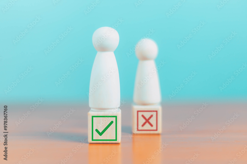 Wooden blocks showing right and wrong signs, decisions, votes and yes or no. Business options for difficult situations Wooden blocks showing right and wrong signs, decisions, votes and yes or no. Business options for difficult situations