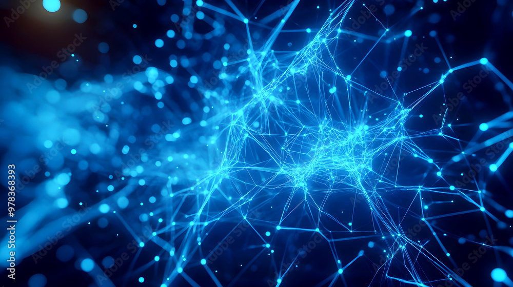 Fototapeta premium Abstract holographic plexus shapes in blue, suspended in a virtual environment, connected by neon blue