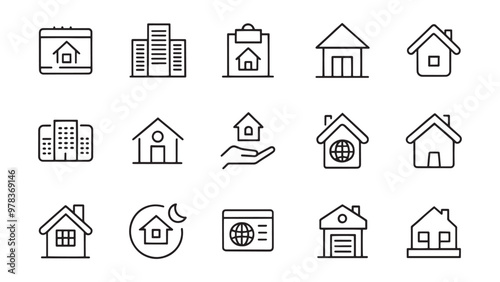  House, Home, real estate, home loan editable stroke outline icon set flat vector illustration on white background.