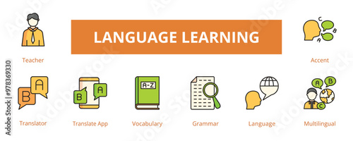 Language Learning Lineal Color Banner Web Icon Set Vector Illustration, Teacher Translator Translate App Vocabulary Grammar Language Multilingual Accent