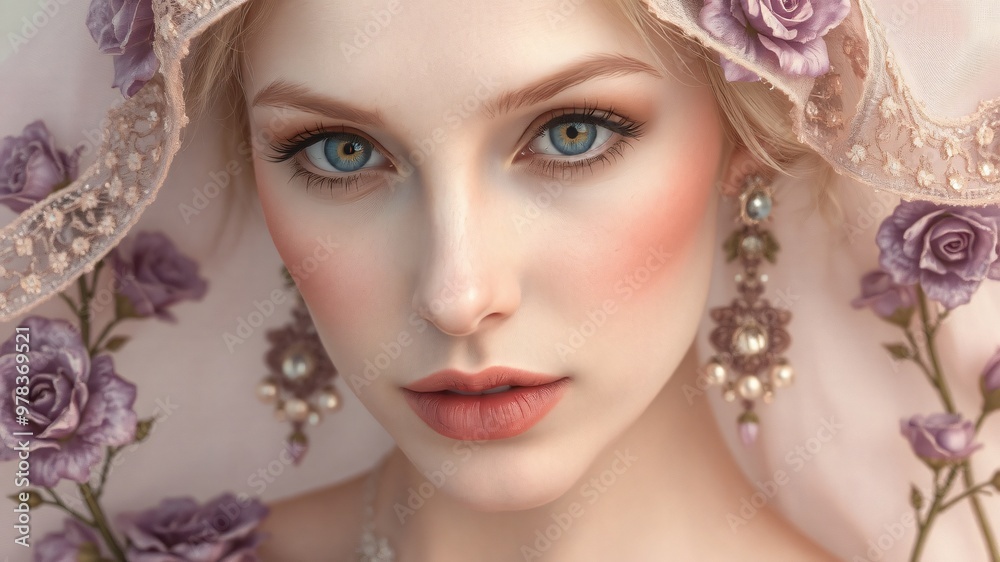 Naklejka premium Portrait of a young woman adorned with floral jewelry and delicate earrings, gazing directly at the viewer with striking blue eyes