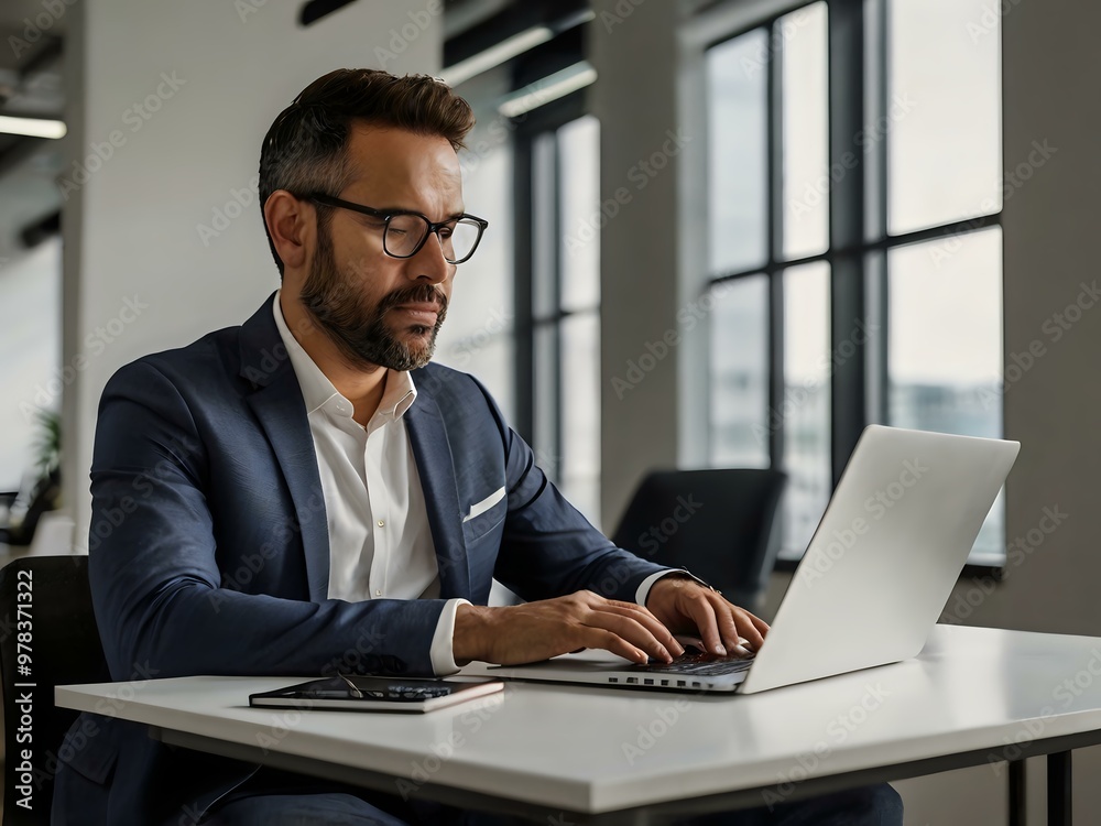 a man is working on his laptop in the office. work in office a man is working on his laptop in the office. work in office