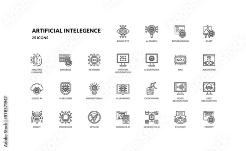 artificial intelligence future technology automation and generate any models outline line icon set