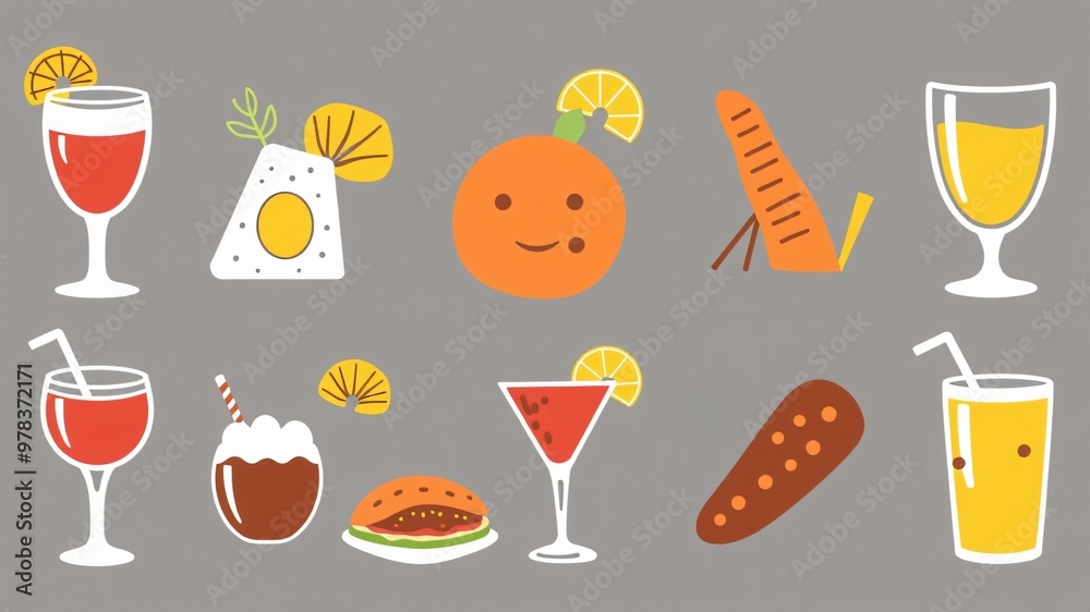 Colorful illustrations of various food and drink items on a gray background, showcasing a lively assortment of tasty treats Colorful illustrations of various food and drink items on a gray background, showcasing a lively assortment of tasty treats