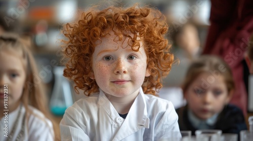 Child with curly hair in a lab coat and round glasses, engaged in a science experiment at a lab table