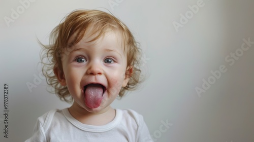 Toddler with curly hair in a bright room, playfully sticking out tongue, showcasing joy and innocence photo