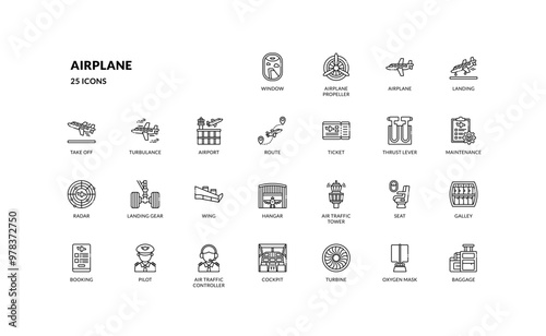 airplane aircraft plane airport transportation outline line icon set