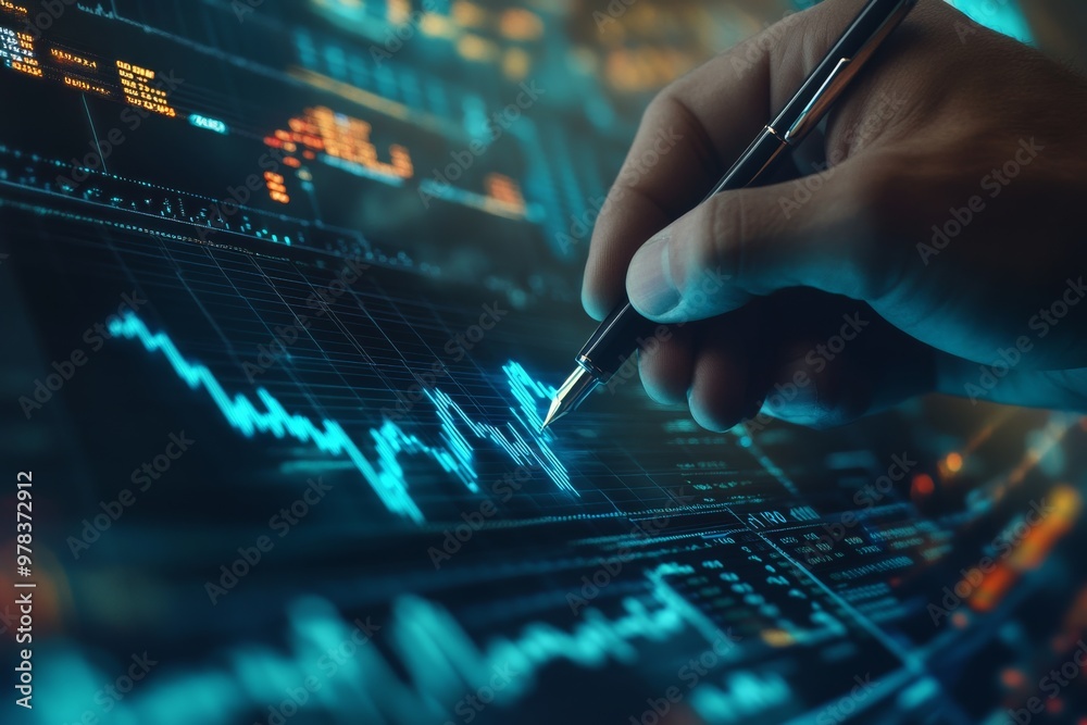 Businessman drawing a growth graph with a digital screen and financial data, a Business people concept on a blue background. Businessman drawing a growth graph with a digital screen and financial data, a Business people concept on a blue background.