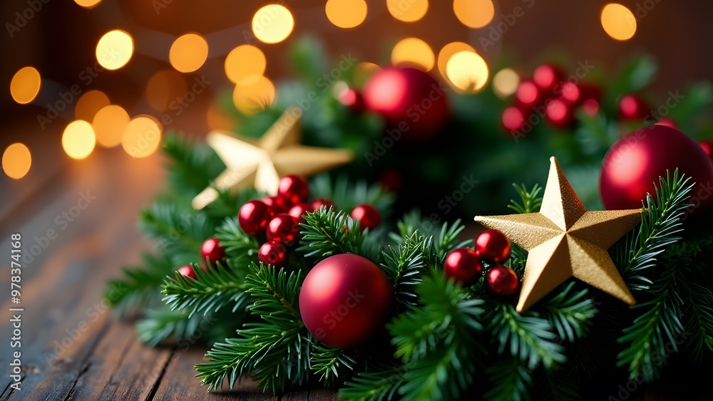 A Christmas wreath with red baubles and golden stars on a wooden surface with bokeh lights in the background A Christmas wreath with red baubles and golden stars on a wooden surface with bokeh lights in the background