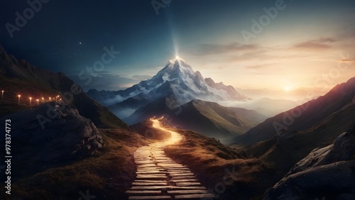 A Winding Pathway Leads to a Majestic Mountain Peak at Dusk With Vibrant Colors Illuminating the Sky