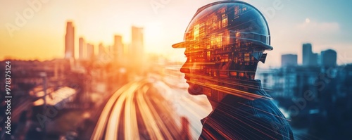 Double exposure of an engineer and a train, symbolizing the future of railway technology. photo