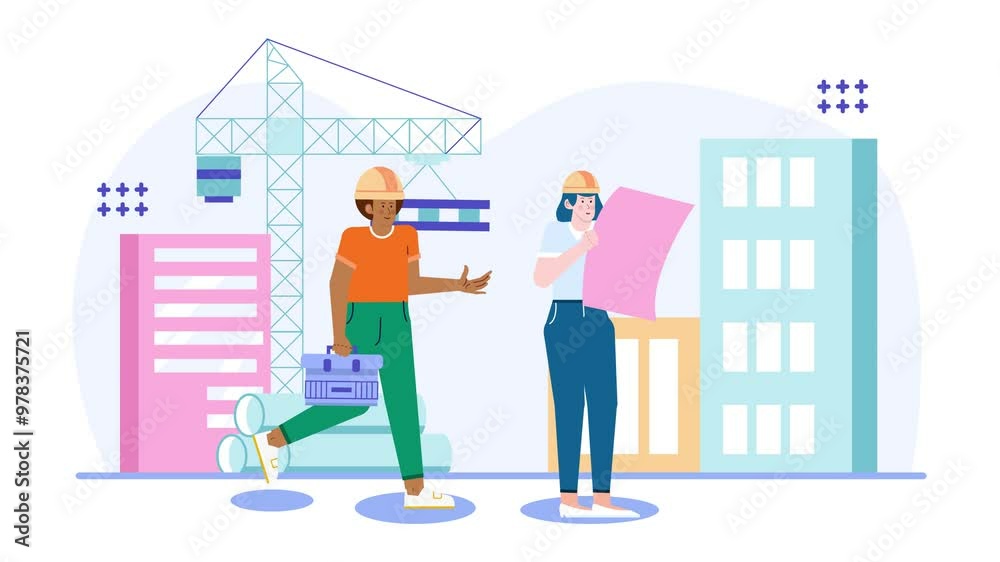 Illustration of construction workers discussing blueprints at a building site animated video Illustration of construction workers discussing blueprints at a building site animated video