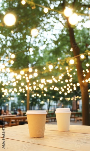 Tranquil Park Evening with Fairy Lights and Coffee Cups on Wooden Table - Calm and Cozy Outdoor Setting