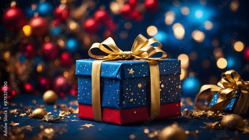 Festively Wrapped Gift With Golden Bow and Colorful Decorations During the Holiday Season Festively Wrapped Gift With Golden Bow and Colorful Decorations During the Holiday Season