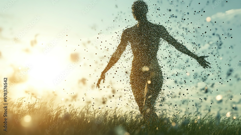 Naklejka premium Human body made from atoms and particles spread in the air, daylight background