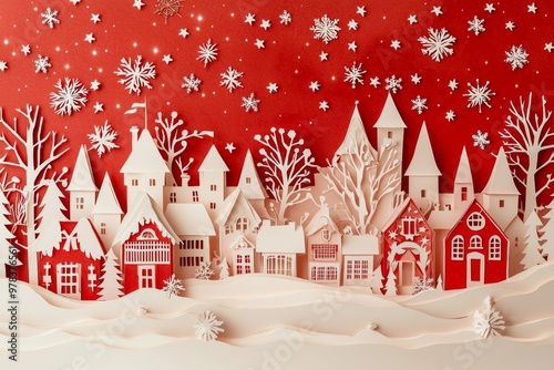 red and white paper cut Christmas village under a starry sky. of the holiday season.