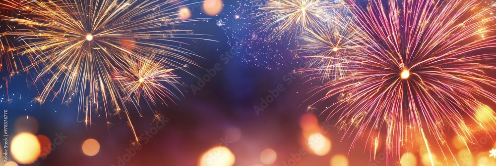 Fototapeta premium Fireworks exploding in the night sky, shining beautifully with vibrant colors.