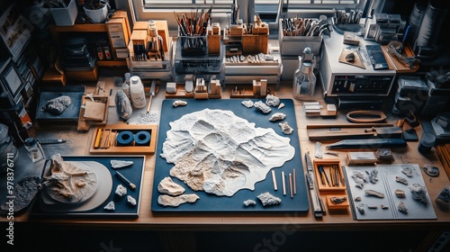 Fossil mold and cast in a paleontologists lab, detailed workbench with tools and materials, soft light illuminating the mold and cast, lab setting with scientific equipment and reference materials, photo