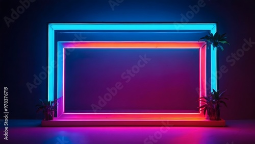 Neon Light Display With Blue and Pink Frames and Plants in a Dark Setting Highlighting Contemporary Design Aesthetics photo