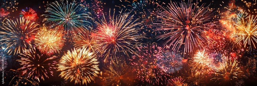 Fototapeta premium Fireworks exploding in the night sky, shining beautifully with vibrant colors.