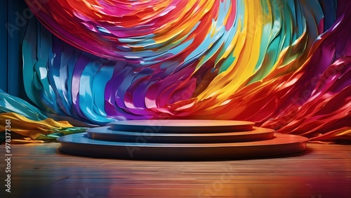 Vibrant Stage Design With Colorful Swirling Backdrop in a Theater Setting