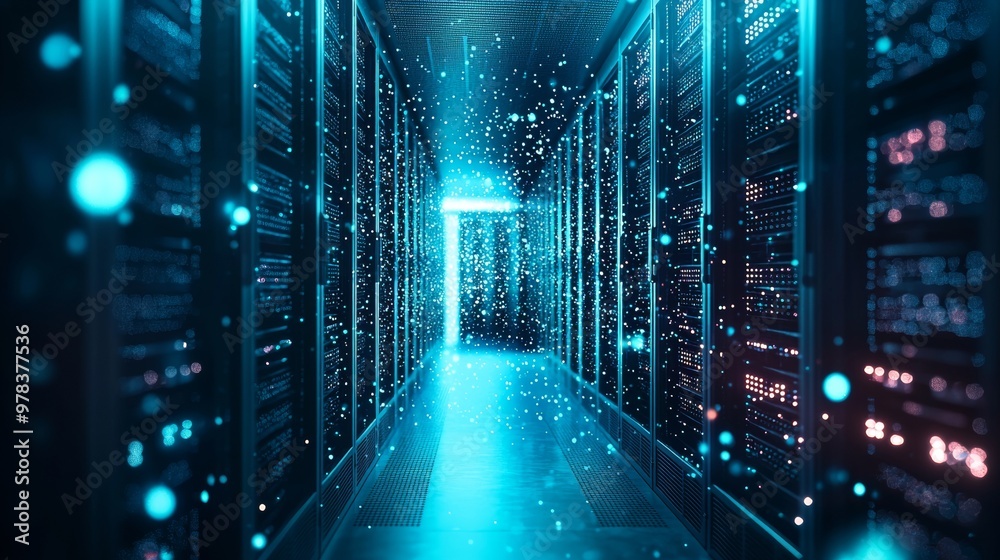 Data servers in a high-tech facility with glowing lights Data servers in a high-tech facility with glowing lights
