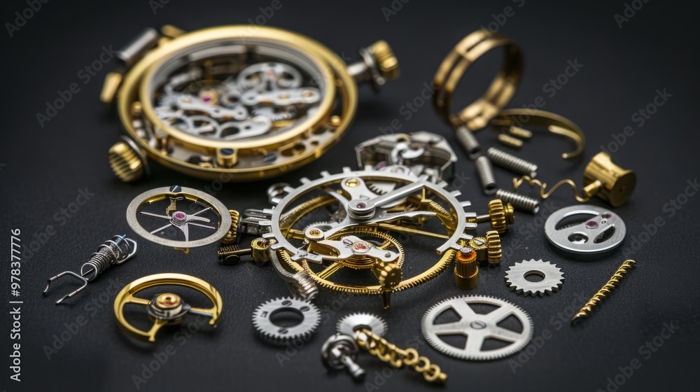 Iricate dismantled mechanical watch with detailed gears and springs on darkbackground, symbolizing precision and complexity in teardown analysis Iricate dismantled mechanical watch with detailed gears and springs on darkbackground, symbolizing precision and complexity in teardown analysis