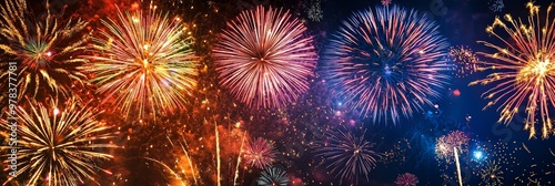 Fireworks exploding in the night sky, shining beautifully with vibrant colors.