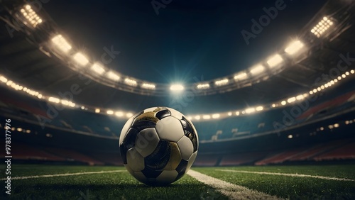 A Soccer Ball on the Pitch Under Stadium Lights During a Night Match in an Empty Arena