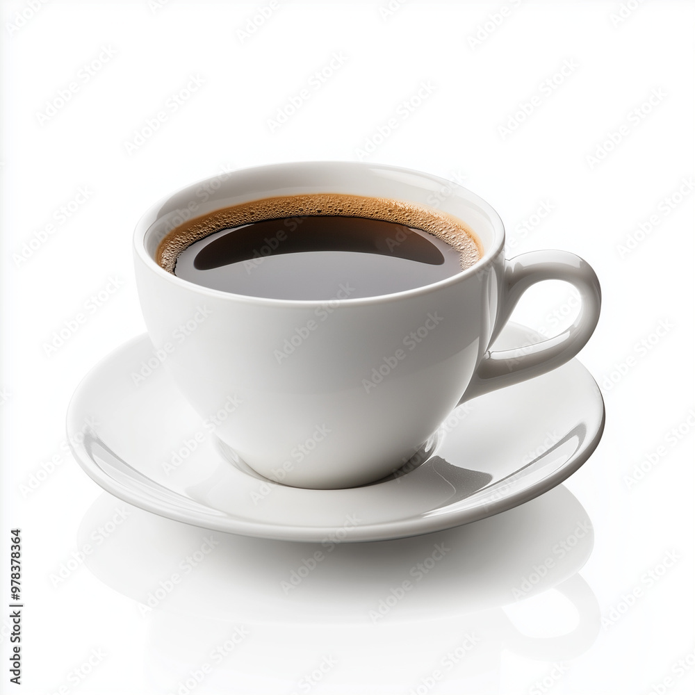 A cup of coffee on a white background with saucer and black coffee, emphasizing the aroma and warmth of a morning beverage A cup of coffee on a white background with saucer and black coffee, emphasizing the aroma and warmth of a morning beverage
