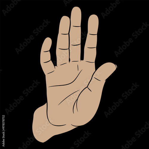 Human hand with open palm. Front view. Stop or blessing gesture. On black background. Cartoon style.