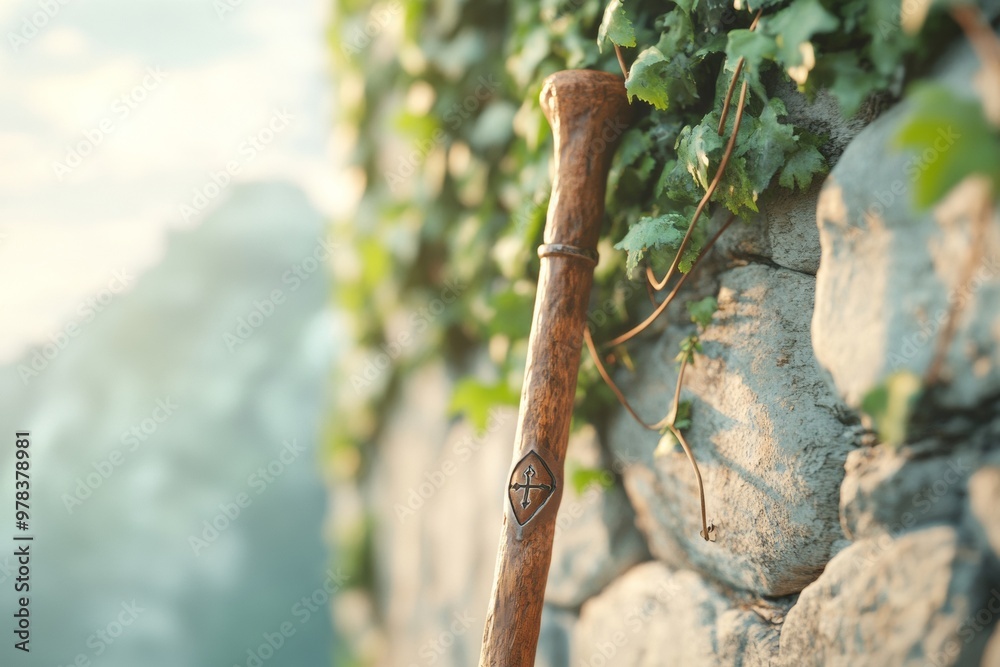 Weathered Pilgrims Walking Stick with Engraved Symbol Against Moss-Covered Stone Wall Weathered Pilgrims Walking Stick with Engraved Symbol Against Moss-Covered Stone Wall