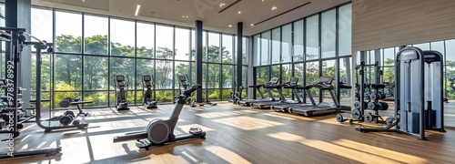 57. **A sleek, modern gym with state of the art equipment, mirrored walls, and large windows. The backdrop includes a bright, open space and a motivating atmosphere.