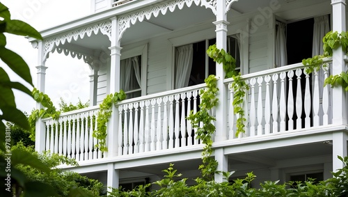 white-painted house with a Victorian-style balcony. The balcony features intricate, white wooden balustrades with a repeating pattern of elongated, teardrop-shaped cutouts.